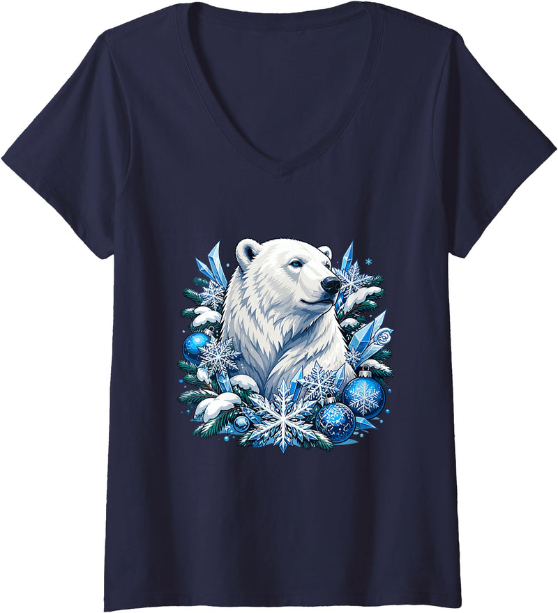 Arctic Polar Bear Snowflake Winter Christmas Women's Christmas Polar Bear Snowflakes Winter Ornaments V-Neck T-Shirt - Navy Blue