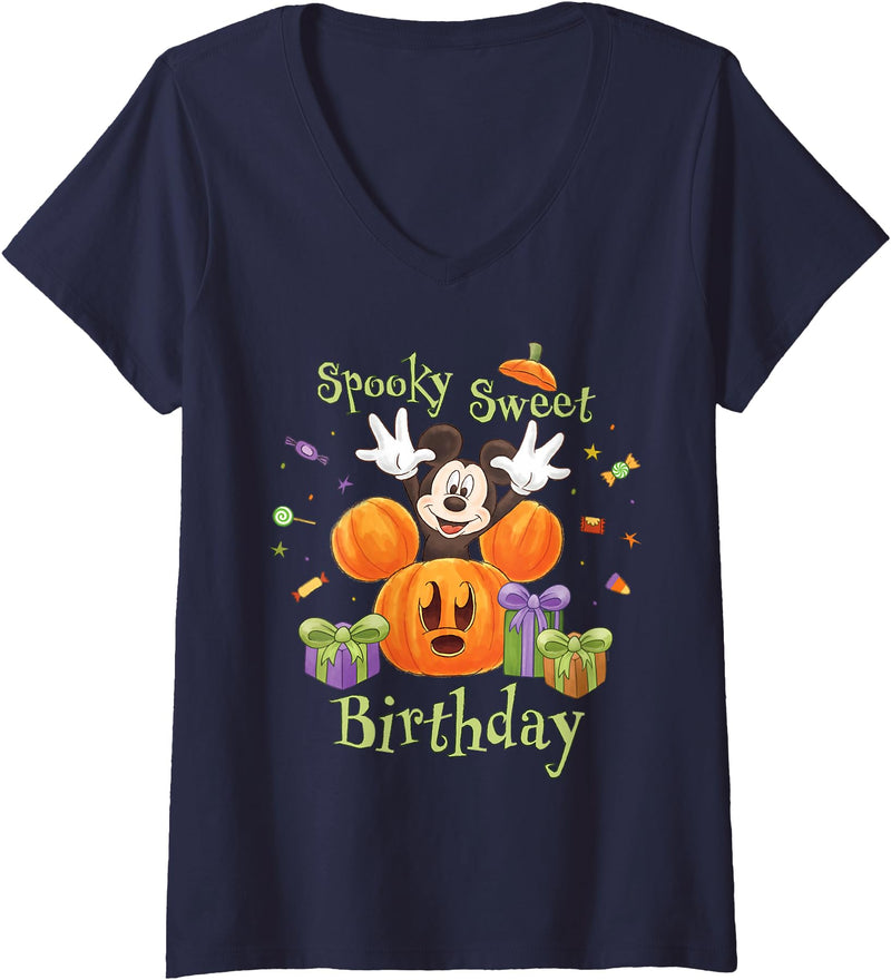 Women's Disney Mickey Mouse Halloween Spooky Sweet Birthday Party V-Neck T-Shirt - Navy Blue