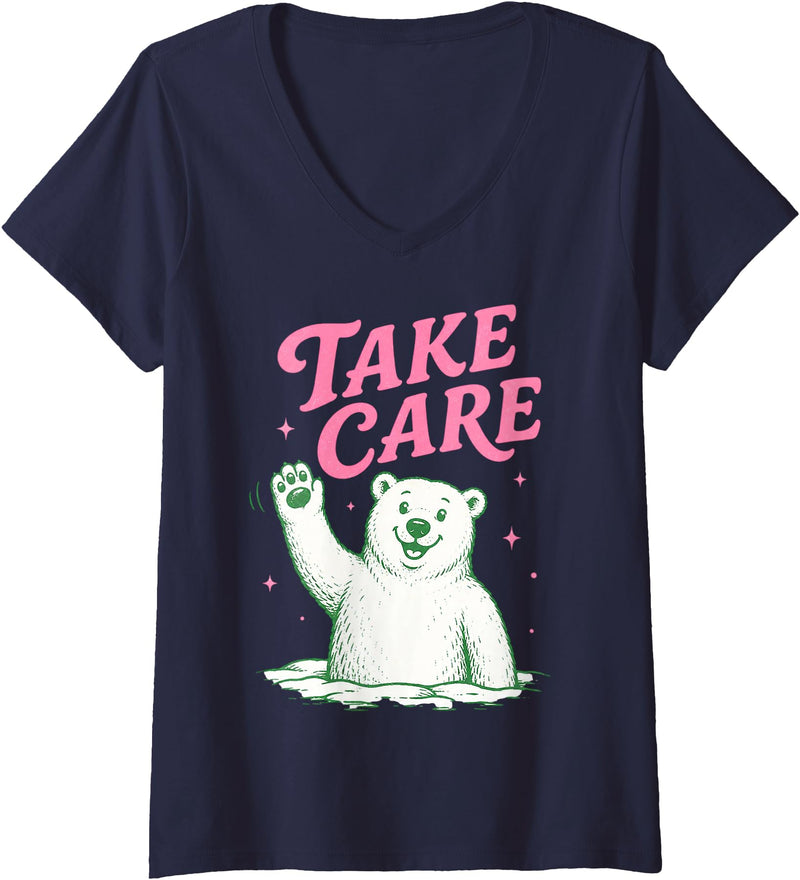 Cute Kawaii Classic Goodbye Childrens Rhyming Game Women's Take Care Polar Bear Happy Funny Last Day of School Summer V-Neck T-Shirt - Navy Blue