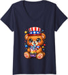 Kawaii Red White and Blue Fourth July Little Kids Women's Cute Teddy Bear Patriotic 4th July Gift Bubble Boba Tea USA V-Neck T-Shirt - Navy Blue