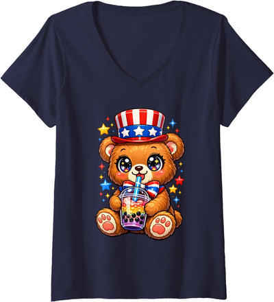 Women's Cute Teddy Bear Patriotic 4th July Gift Bubble Boba Tea USA V-Neck T-Shirt