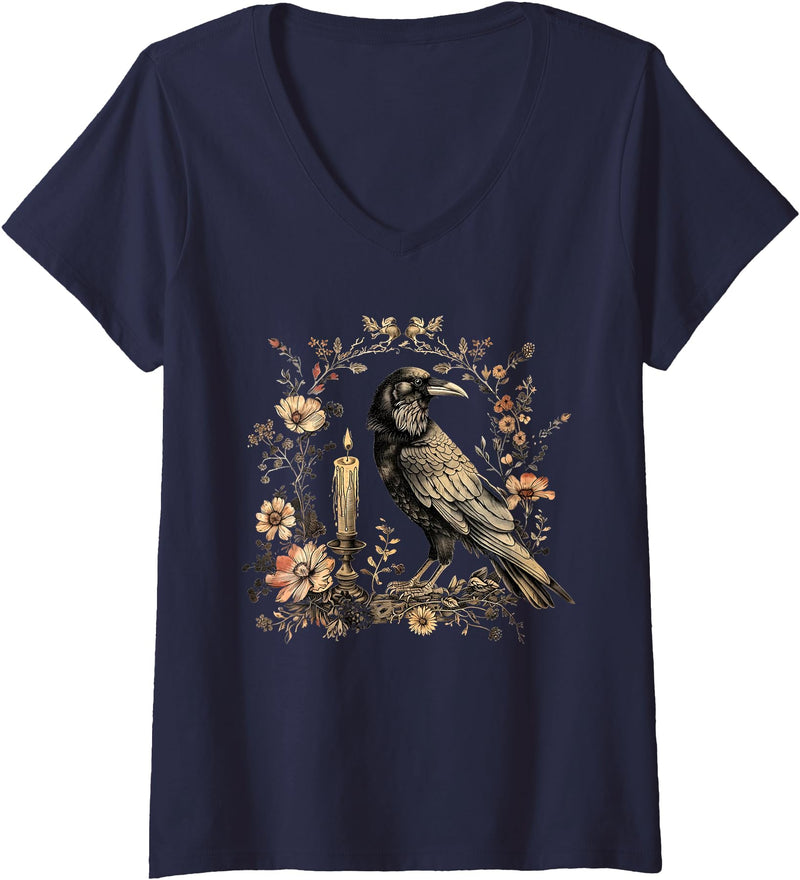 Witchy Vibes Womens Raven V-Neck T-Shirt - Navy Blue