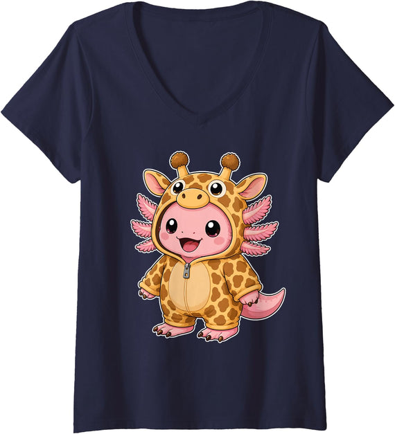 Women's Kawaii Axolotl in a Giraffe Costume for Girls Kids Giraffe V-Neck T-Shirt - Navy Blue