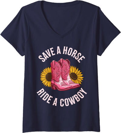 Save a Horse Ride a Cowboy Western Rodeo Outfit Womens Save a Horse Ride a Cowboy Western Rodeo V-Neck T-Shirt