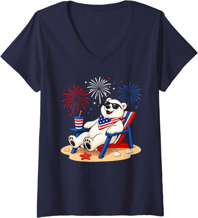 Women's 4th of July Polar Bear Happy Beach Patriotic Animal Lovers V-Neck T-Shirt