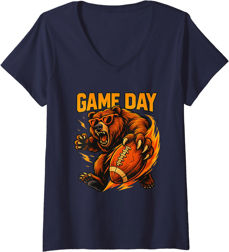 Funny Football Bear Game Day Sports Gift Womens Funny Football Bear Game Day Vintage Shirt Fans V-Neck T-Shirt - Navy Blue