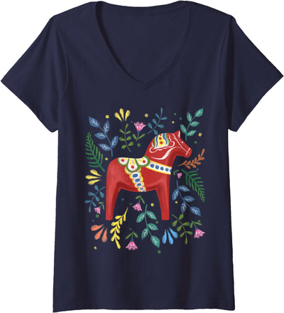Swedish Dala Horse Swedish Nationality Womens Swedish Dala Horse Folk Art Sweden Flag Dalahelmsoljd Horse V-Neck T-Shirt