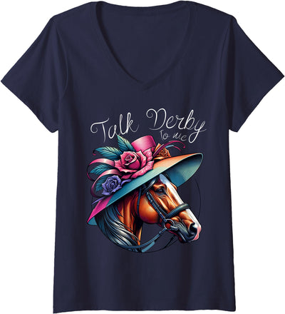 Talk Derby To Me Funny Horse Women's Talk Derby to Me Funny Racing Horse V-Neck T-Shirt