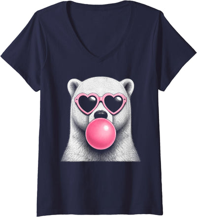 Women's Polar Bear Pink Heart Sunglasses Funny Bubble Gum V-Neck T-Shirt