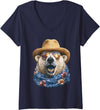 Whimsical Coastal Animals Beachgoers Women's Cute Polar Bear with Sunglasses and Straw Hat Animal Summer V-Neck T-Shirt - Navy Blue