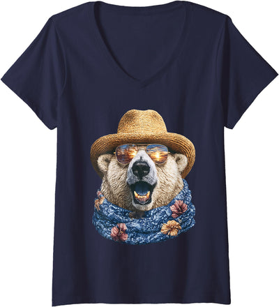Women's Cute Polar Bear with Sunglasses and Straw Hat Animal Summer V-Neck T-Shirt