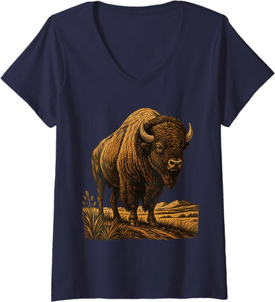 American Bison Woodcut Art Buffalo Prairie Wild Funny V-Neck T-Shirt