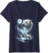Vintage 90s Moon Polar Bear Lover Women's Polar Bear Howling at Moon 90's Retro V-Neck T-Shirt - Navy Blue