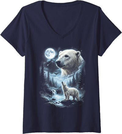 Women's Polar Bear Howling at Moon 90's Retro V-Neck T-Shirt