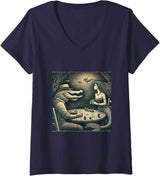 Women's Alligator and Mermaid Playing Poker Sketch V-Neck T-Shirt - Navy Blue