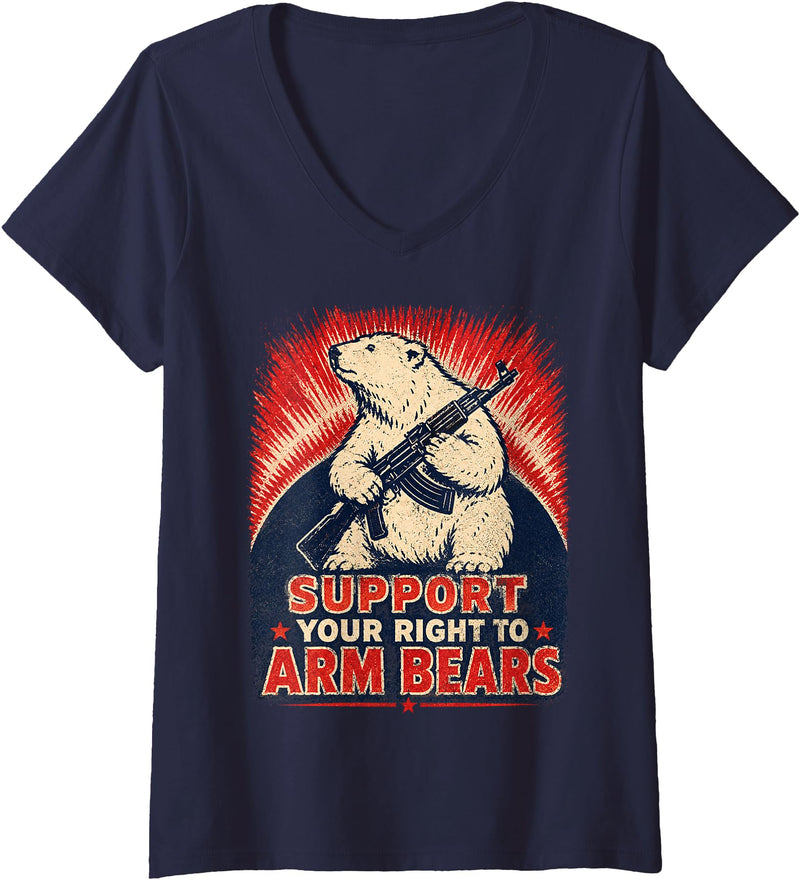 Funny Arm Bears Polar 2A Gun Rights Humor Women's Right to Arm Bears Polar Bear Gun Rights Pun Humor V-Neck T-Shirt - Navy Blue