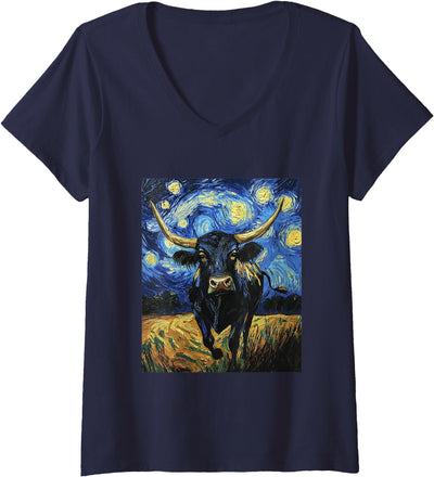 Cow Bull Van Gogh Starry Night V-Neck T-Shirt