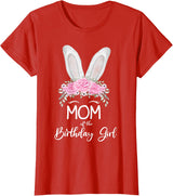Mom of the Birthday Girl"- Family Bunny Rabbit Birthday T-Shirt in Red