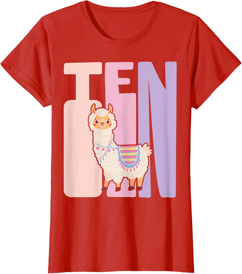 Retro Llama Alpaca Themed Girls Birthday Designs 10th Birthday Girl Cute Llama Alpaca 10 Years Old T-Shirt - Red