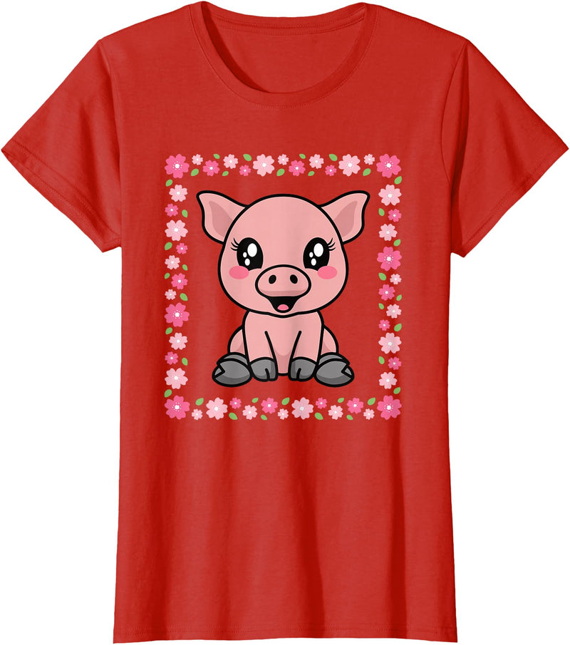 EDILILU Cute Pig Kawaii Pig Lover Piglet Women Girls T-Shirt - Red