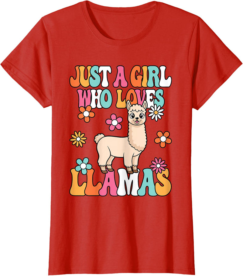 BALARI Just A Girl Who Loves Llamas Cute Groovy Alpaca Llama Kids T-Shirt - Red