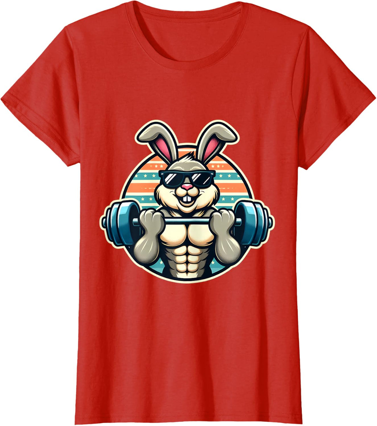 Happy Easter Bunny Rabbit Lifting Weights Training Muscular T-Shirt - Red