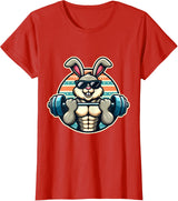 Happy Easter Bunny Rabbit Lifting Weights Training Muscular T-Shirt - Red