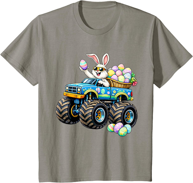 Easter Day Bunny Monster Truck Eggs Rabbit Boys Kids T-Shirt in Slate Grey