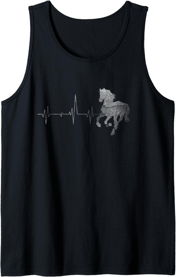 Vintage Retro Distressed Heartbeat Horse Riding Animal Gift Tank Top - Black