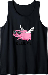 BoredKoalas Puns Believe Flying Pig with Sunglasses Funny Animal Puns Gift Tank Top - Black