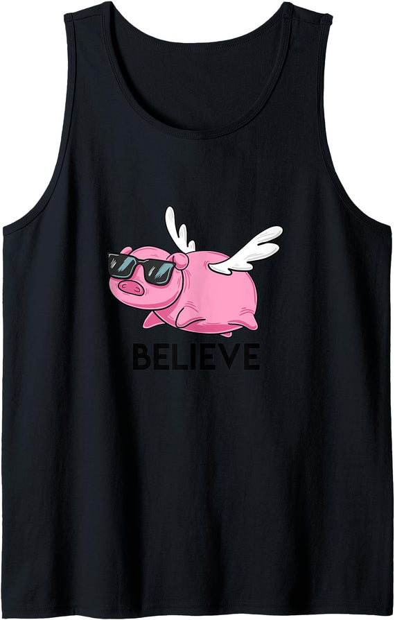 BoredKoalas Puns Believe Flying Pig with Sunglasses Funny Animal Puns Gift Tank Top - Black