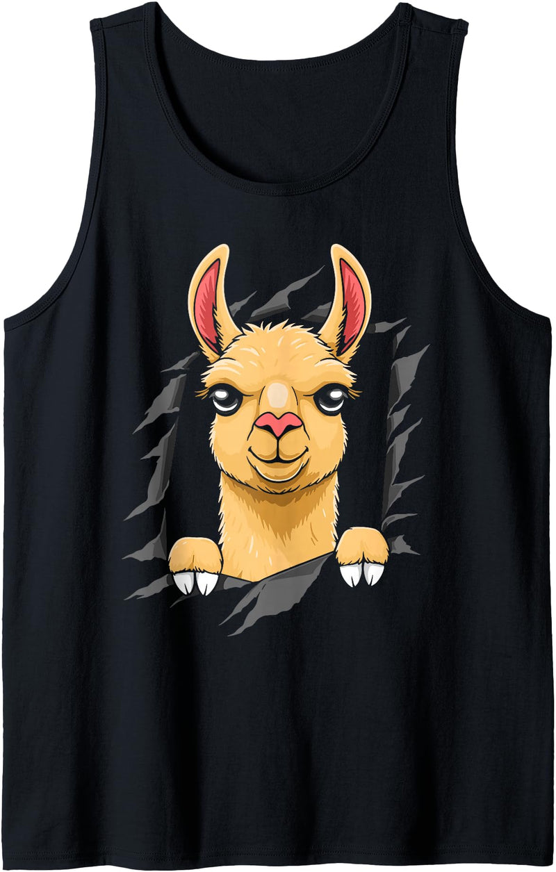 Llama looks from torn fabric Cute llama torn fabric funny llama lovers kids women men Tank Top - Black
