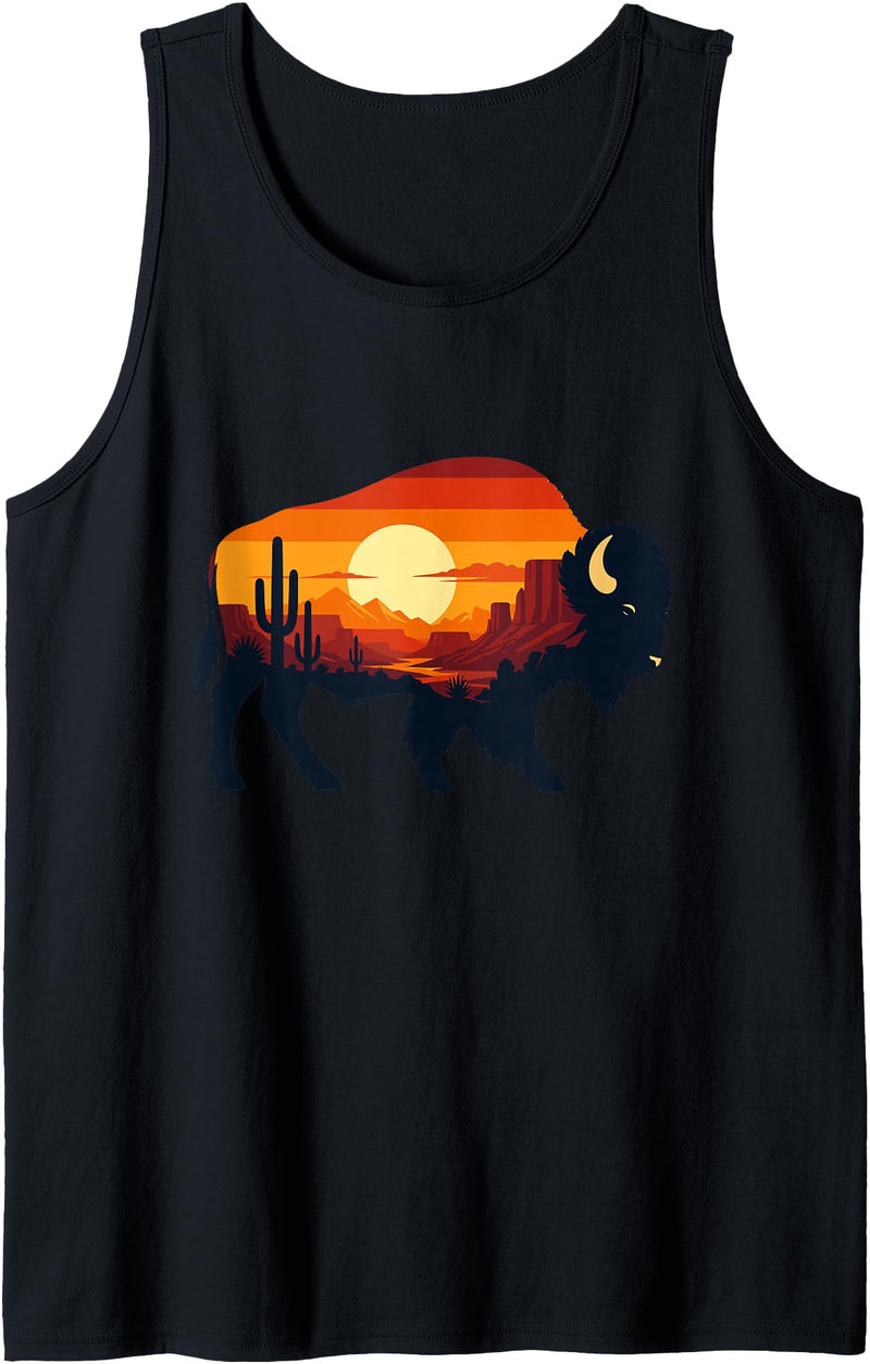 Wild Bison Sunset Desert Landscape Nature Desert Buffalo Silhouette Cactus Sunset Scene Tank Top - Black