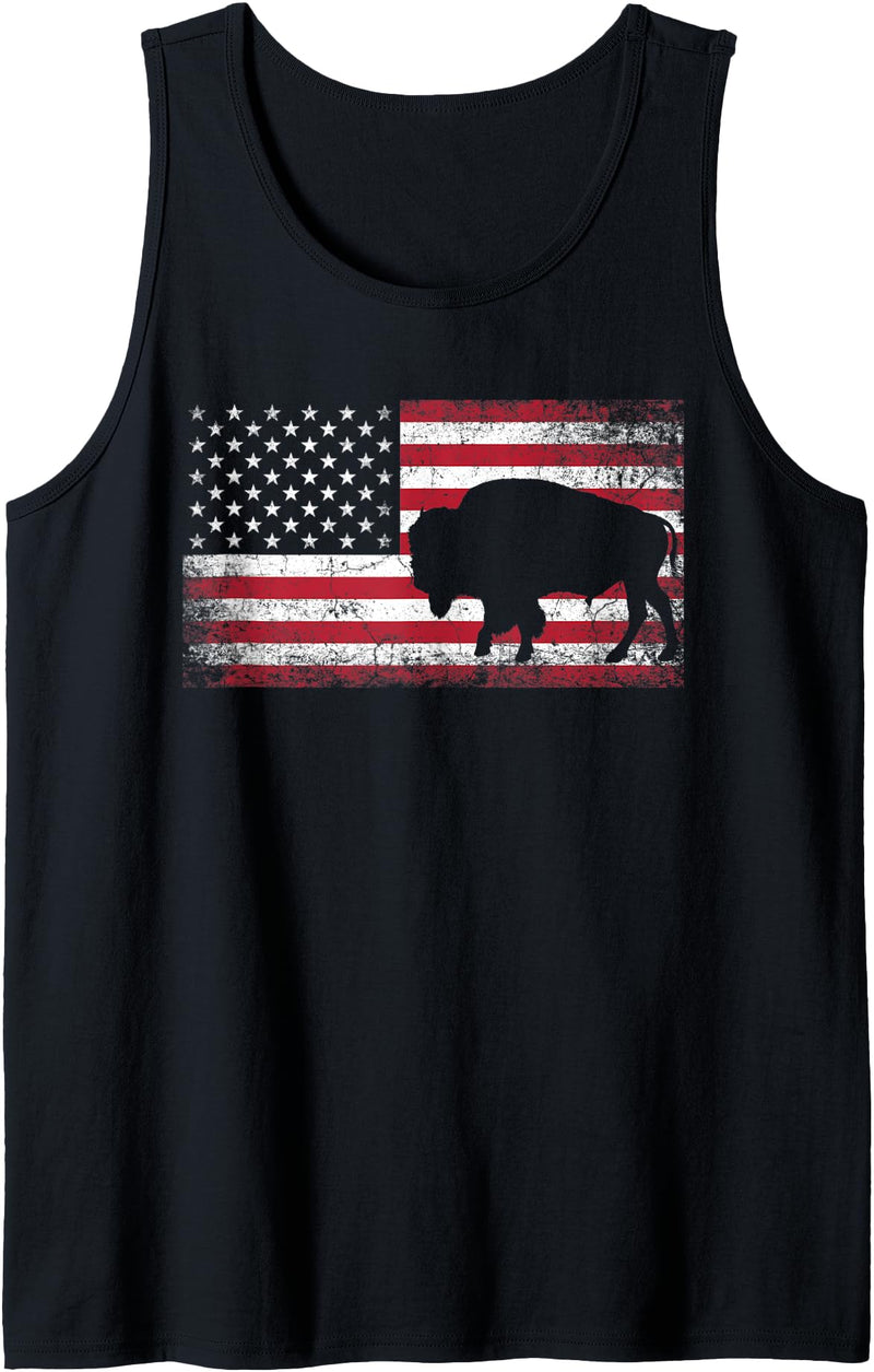 4th of July American Flag USA America- Buffalo Buffalo Bison 4th of July American Flag Vintage Patriotic Tank Top - Black
