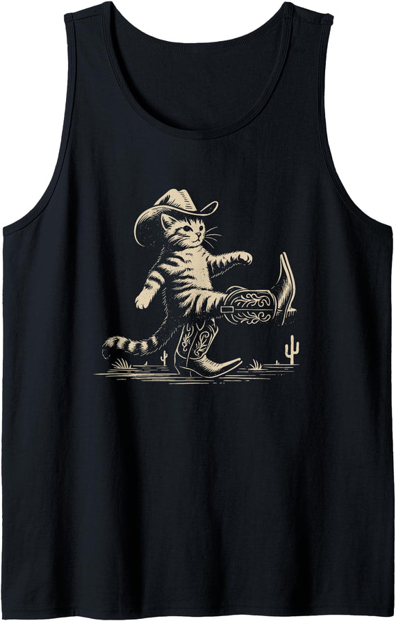 Cowboy Boots Cat Apparel Co Funny Cowboy Boots Cat Tank Top - Black