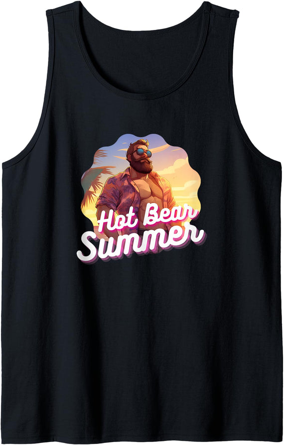 Bear & Cub Chaser Pride Community Co. Hot Bear Summer - Bear & Cub Gay Pride LGBT Bear Gay Daddy Tank Top - Black