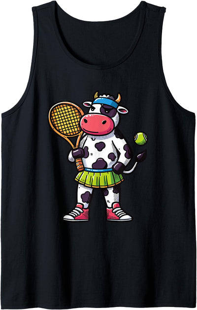 Cow Tennis Racket Ball Player Playing Tennis Club Animals Tank Top