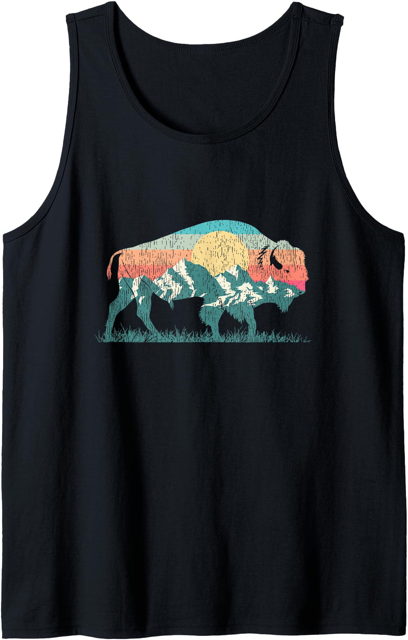 Mountain Life Outdoor Bison Buffalo Shirts & Gifts Vintage National Park Bison Landscape Buffalo Retro Tank Top - Black