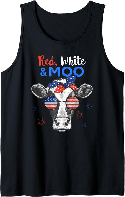 Patriotic Cow Usa Flag Funny 4th of July Red White and Moo Tank Top