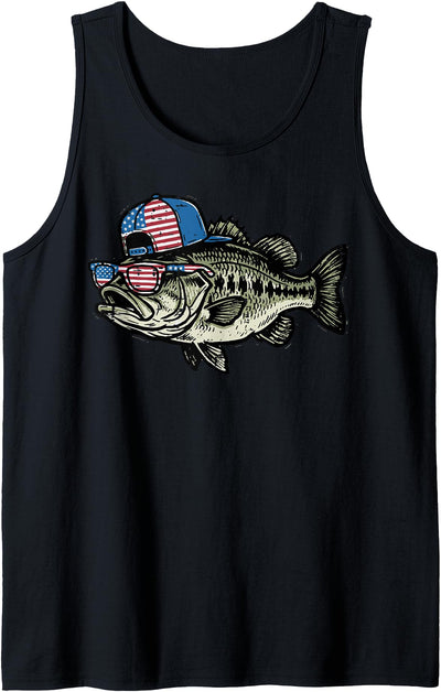 4th of July Bass Fish US Flag Cap Patriotic Fishing Men Kids Tank Top