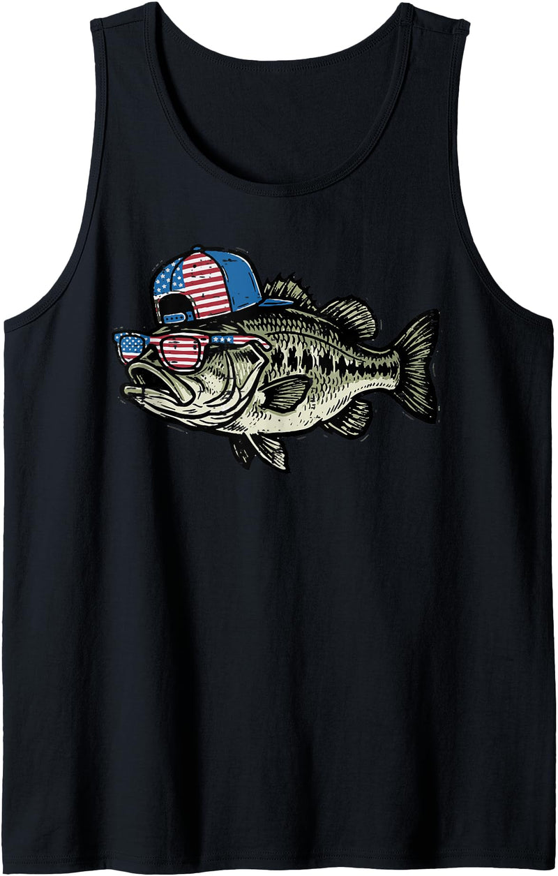 4th Of July For Women Men Kids Fourth Gift 4th of July Bass Fish US Flag Cap Patriotic Fishing Men Kids Tank Top - Black