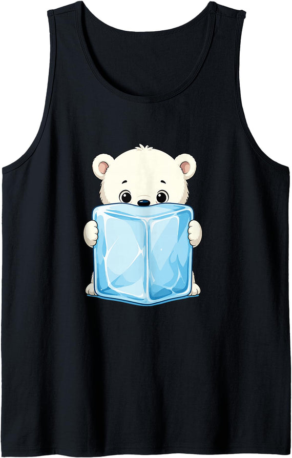 Cute Arctic Polar Bear With Ice Cube Kawaii Baby Polar Bear Holding Ice Cube Cartoon Tank Top - Black
