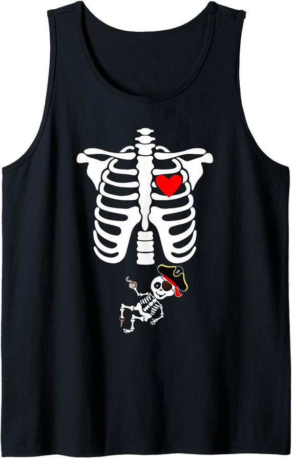 Halloween X-Ray Skeleton Baby Pirate Pregnancy X-Ray Skeleton Pregnant Baby Pirate Pregnancy Announcement Tank Top - Black