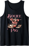 Stylish Swine Designs Boujee Pig with Sparkle and Style Pink Fashionista Tank Top - Black