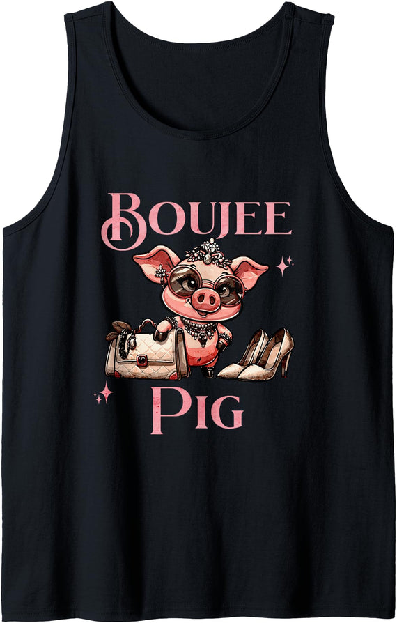 Stylish Swine Designs Boujee Pig with Sparkle and Style Pink Fashionista Tank Top - Black