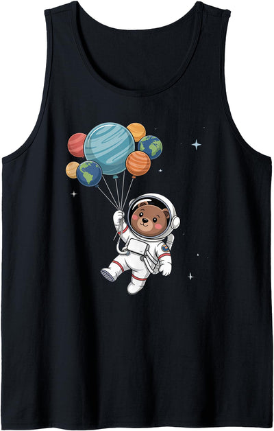 Womens Astronaut Bear Holding Planet Balloons Outer Space Tank Top