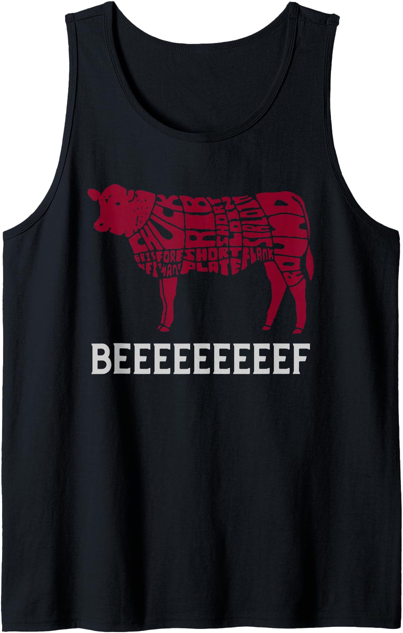 Funny Carnivore Designs Fun Meat Lover Cow BBQ Barbecue Beef Cuts Illustration Tank Top - Black