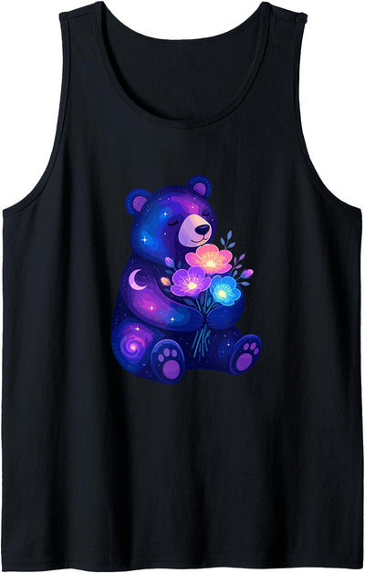 Cosmic Night Bear with Colorful Space Flowers Tank Top