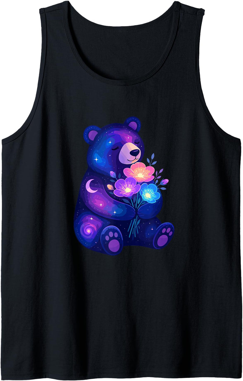 Galaxy Bear Space Flowers Cute Cosmic Night Cosmic Night Bear with Colorful Space Flowers Tank Top - Black