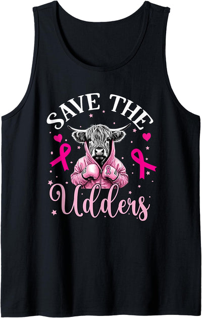 Funny Breast Cancer Awareness Men Kids Save the Udders Cow Tank Top